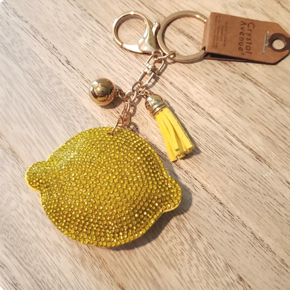 Puffy rhinestone covered lemon sunshine yellow tassel keychain NWT